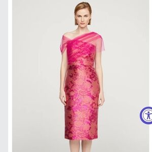 NEW, Theia, Judy Shawl Midi Dress One-Shoulder Fuchsia and Gold Brocade Dress
